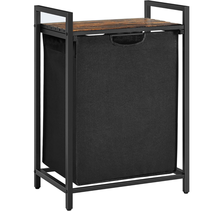 VASAGLE Cos de rufe, sac de rufe detasabil, raft, cadru metalic, 65L, 50x33x72 cm, maro rustic si negru [1]