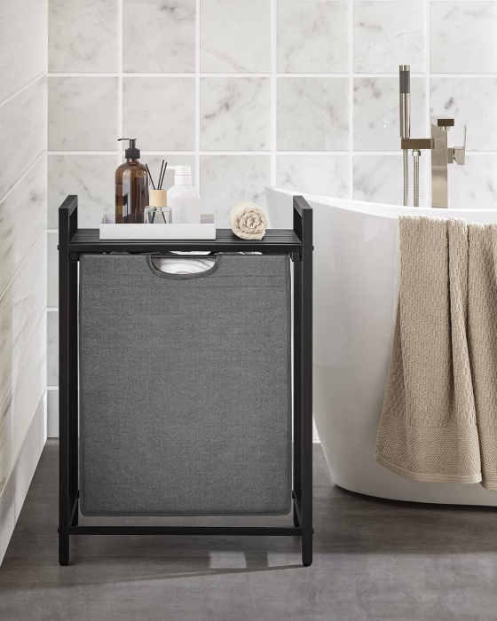 VASAGLE Cos de rufe, sac de rufe detasabil, raft, cadru metalic, 65L, 50x33x72 cm, negru si gri [3]