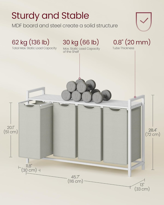Cos rufe 4x40L, saci detasabili, raft superior si cadru metalic, 116x33x72 cm, alb si crem [4]
