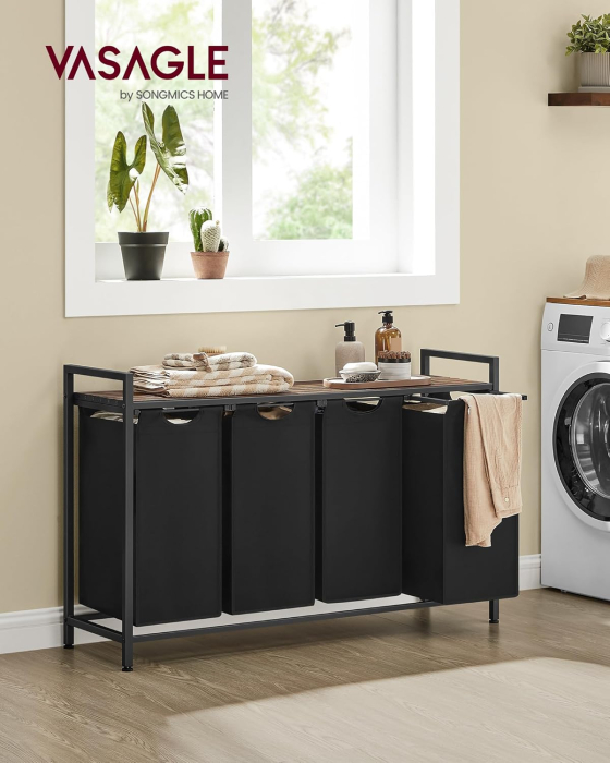 VASAGLE Cos rufe 4x40L, saci detasabili, raft superior si cadru metalic, 116x33x72 cm, maro si negru [2]