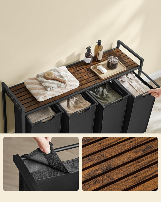 VASAGLE Cos rufe 4x40L, saci detasabili, raft superior si cadru metalic, 116x33x72 cm, maro si negru [4]