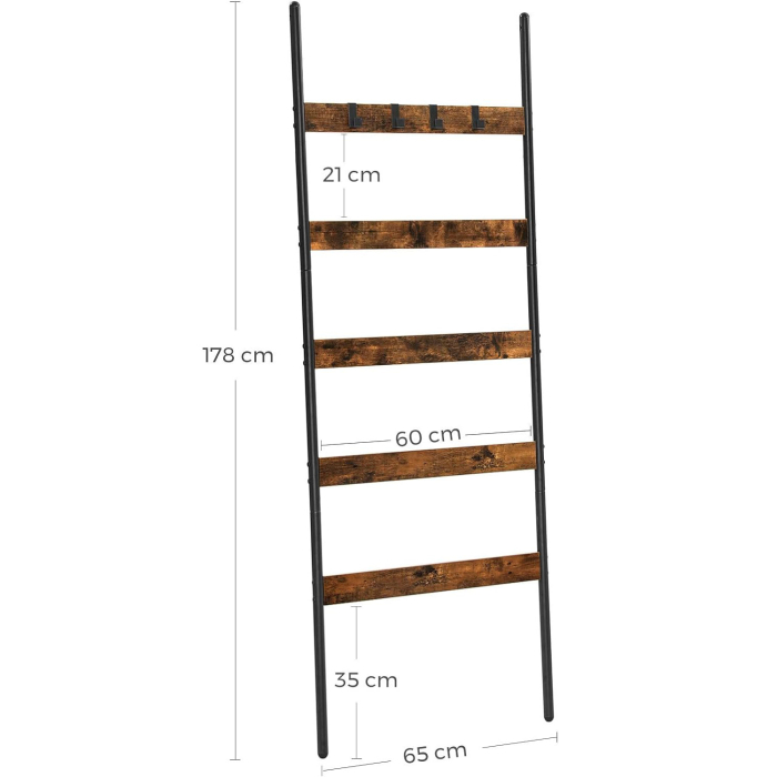 VASAGLE Cuier baie tip scara inclinata, cadru din otel cu 5 nivele, agatatori detasabile, 65x178cm, maro rustic si negru [11]