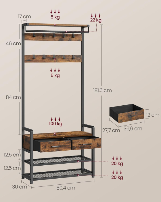 Cuier cu polite de depozitare pantofi si 2 sertare, cadru din otel, stil industrial, 30x80x182cm, maro rustic [3]