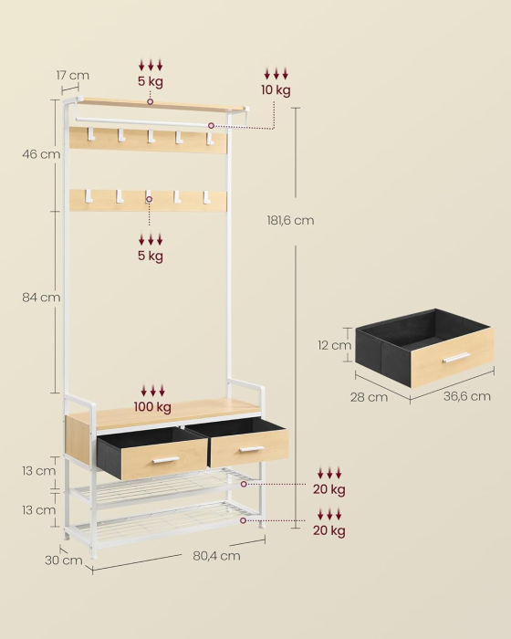Cuier cu polite de depozitare pantofi si 2 sertare, cadru din otel, stil industrial, 30x80x182cm, stejar auriu si alb [2]