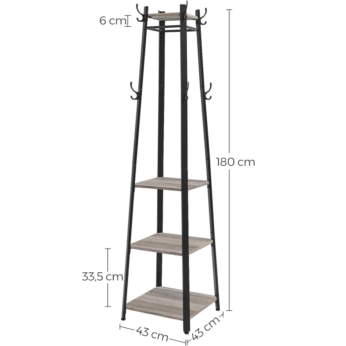 Cuier de haine cu 3 rafturi, suport cu carlige, din otel, 43x43x180 cm, stil industrial, gri si negru [8]