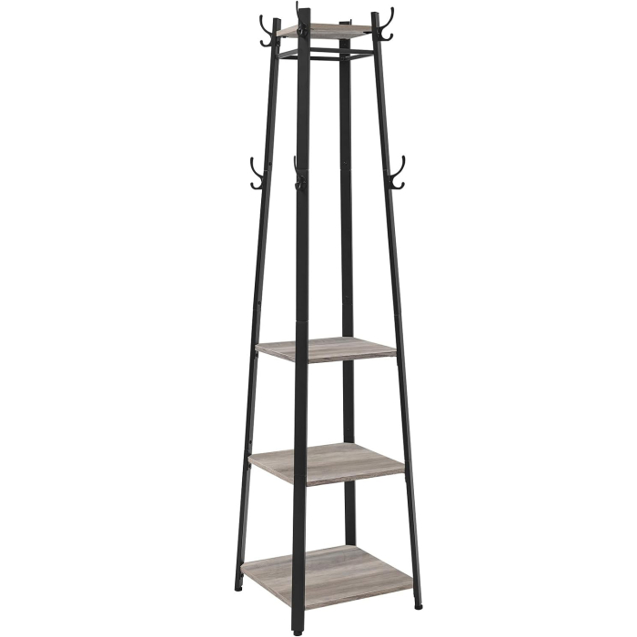 Cuier de haine cu 3 rafturi, suport cu carlige, din otel, 43x43x180 cm, stil industrial, gri si negru [1]