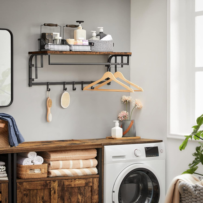 VASAGLE Cuier de perete cu raft de depozitare, 5 carlige, 30x80x27 cm, maro rustic [4]