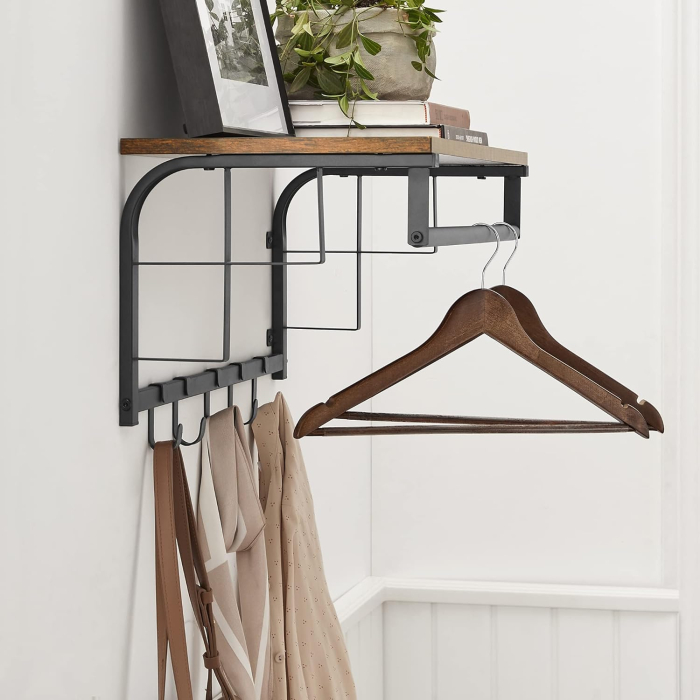 VASAGLE Cuier de perete cu raft de depozitare, 5 carlige detasabile, 30x66x27cm, maro rustic si negru [4]