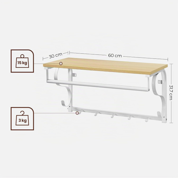 Cuier de perete cu raft de depozitare si sina, 5 carlige, 30x60x32 cm, alb si stejar [2]