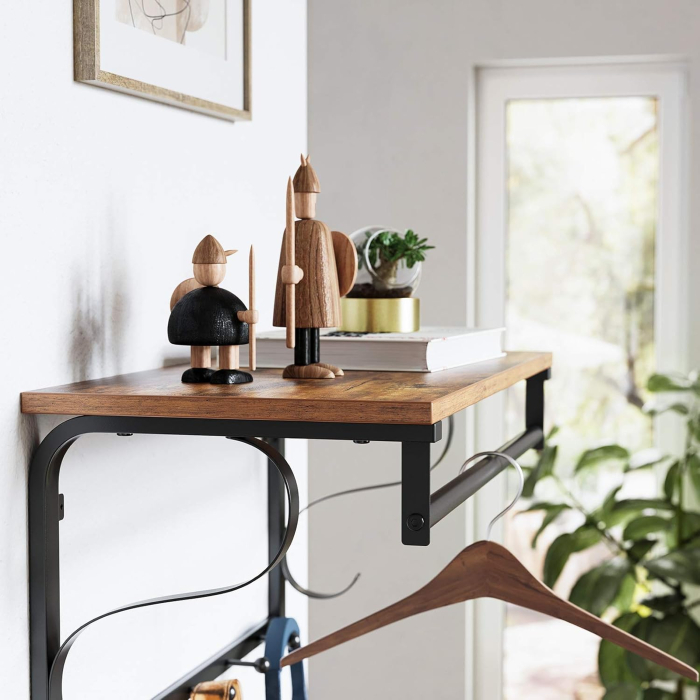 VASAGLE Cuier de perete cu raft de depozitare si sina, 5 carlige, 30x60x32 cm, maro rustic [6]