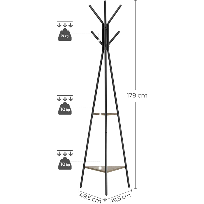Cuier de podea cu carlige pentru haine, palarii si genti, 2 rafturi pentru depozitare, design industrial compact pentru hol si dressing, struc [8]
