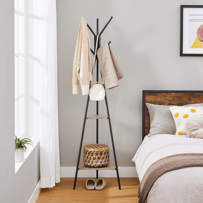 Cuier de podea cu carlige pentru haine, palarii si genti, 2 rafturi pentru depozitare, design industrial compact pentru hol si dressing, struc [4]