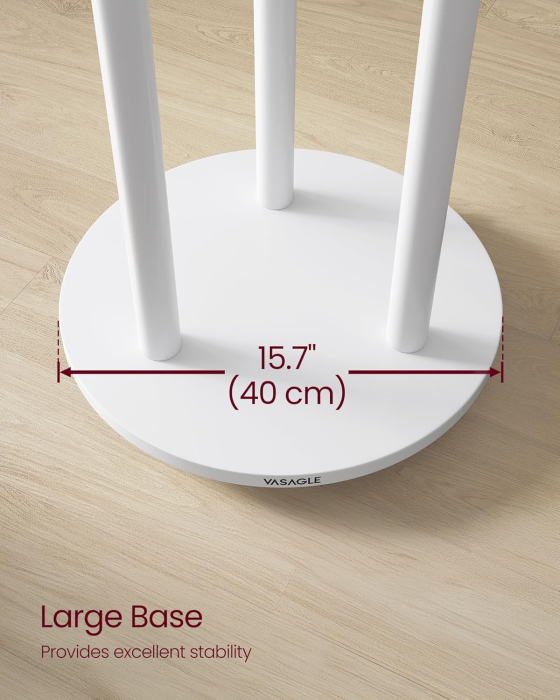 Cuier din lemn masiv, cu 11 agatatori si 3 rafturi, 4 roti detasabile rotative 360Â°, 40x40x175 cm, alb [4]