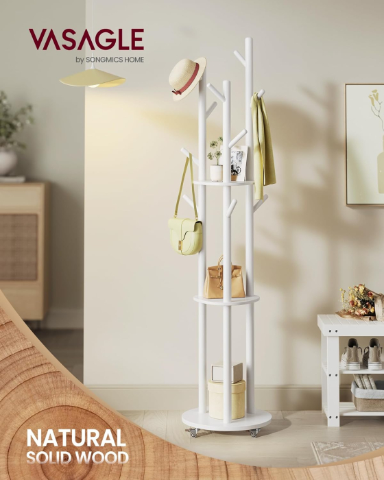 Cuier din lemn masiv, cu 11 agatatori si 3 rafturi, 4 roti detasabile rotative 360Â°, 40x40x175 cm, alb [2]