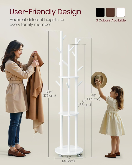 Cuier din lemn masiv, cu 11 agatatori si 3 rafturi, 4 roti detasabile rotative 360Â°, 40x40x175 cm, alb [5]