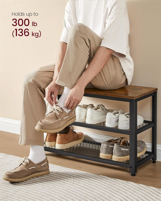 Cuier hol 2 piese cu banca si suport pantofi, 7 carlige, 2 polite, PAL si cadru metalic, 73x30x45 cm, maro rustic [2]
