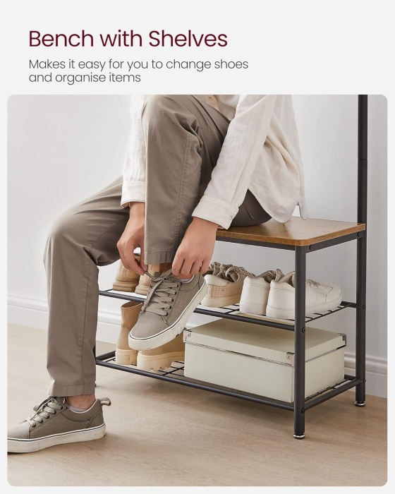 Cuier hol 3 in 1 cu banca si raft pantofi, cadru metalic si PAL, 70x32x177 cm, maro nuc si negru [5]