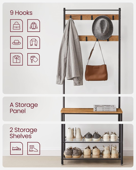 Cuier hol 3 in 1 cu banca si raft pantofi, cadru metalic si PAL, 70x32x177 cm, maro nuc si negru [3]