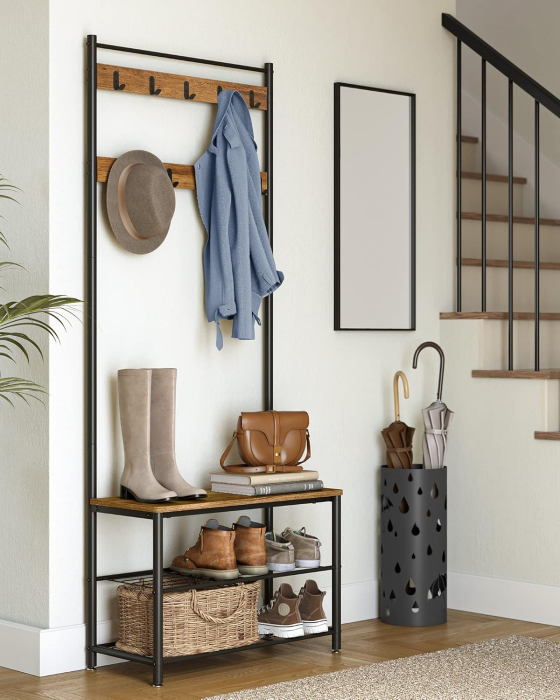 Cuier hol 3 in 1 cu banca si raft pantofi, cadru metalic si PAL, 70x32x177 cm, maro nuc si negru [9]