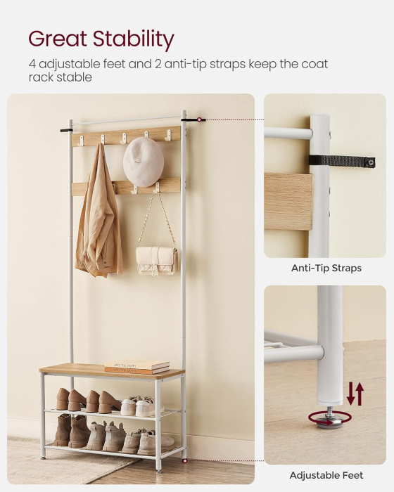 Cuier hol 3 in 1 cu banca si raft pantofi, cadru metalic si PAL, 70x32x177 cm, stejar si crem [2]