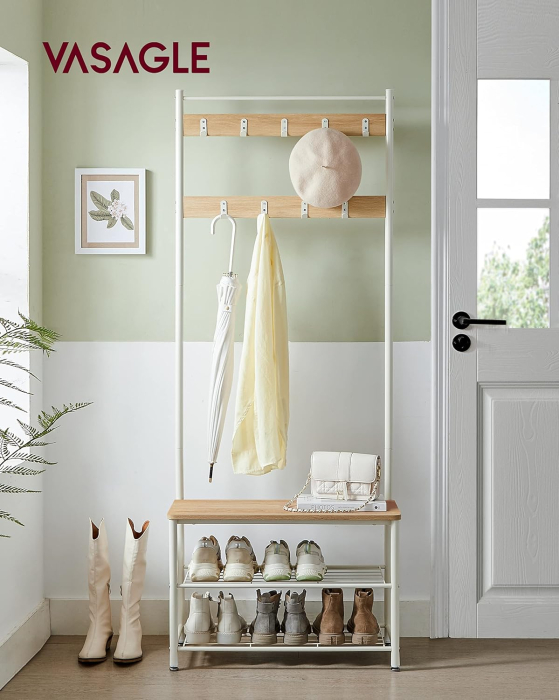 Cuier hol 3 in 1 cu banca si raft pantofi, cadru metalic si PAL, 70x32x177 cm, stejar si crem [6]