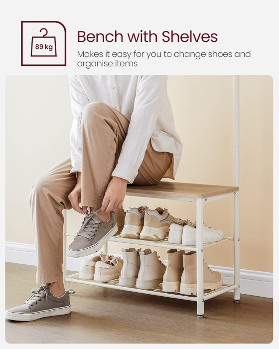 Cuier hol 3 in 1 cu banca si raft pantofi, cadru metalic si PAL, 70x32x177 cm, stejar si crem [5]
