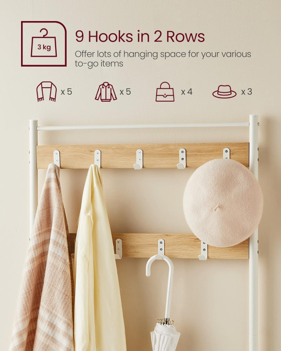 Cuier hol 3 in 1 cu banca si raft pantofi, cadru metalic si PAL, 70x32x177 cm, stejar si crem [3]