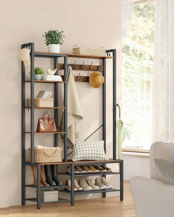 VASAGLE Cuier hol 4 in 1 cu banca, pantofar si rafturi, cadru metalic, stil industrial, 40x120x190 cm, maro rustic [7]