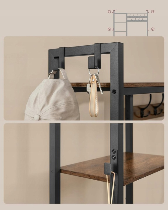 VASAGLE Cuier hol 4 in 1 cu banca, pantofar si rafturi, cadru metalic, stil industrial, 40x120x190 cm, maro rustic [6]