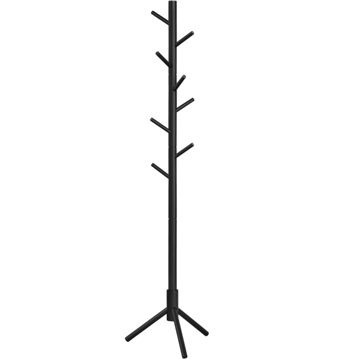 VASAGLE Cuier lemn masiv 47x47x175 cm, 8 carlige si inaltime reglabila, baza triunghiulara, negru [1]