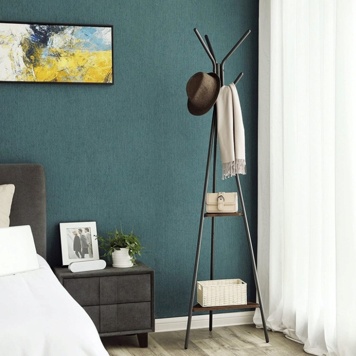 Cuier metalic, cu â€‹â€‹2 rafturi MDF, inaltime 179cm, stil industrial, maro rustic si negru [12]