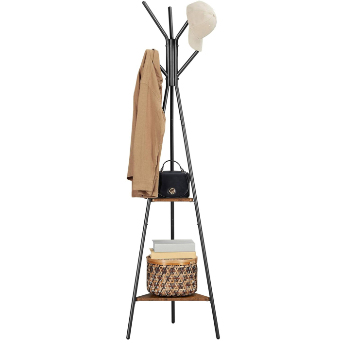 Cuier metalic, cu â€‹â€‹2 rafturi MDF, inaltime 179cm, stil industrial, maro rustic si negru [14]