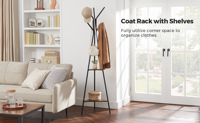 Cuier metalic, cu â€‹â€‹2 rafturi MDF, inaltime 179cm, stil industrial, maro rustic si negru [9]