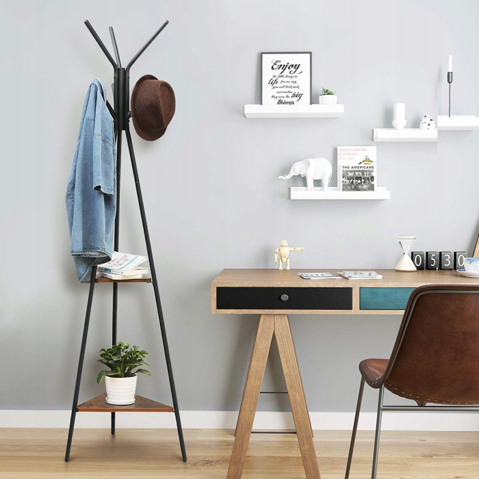 Cuier metalic, cu â€‹â€‹2 rafturi MDF, inaltime 179cm, stil industrial, maro rustic si negru [13]