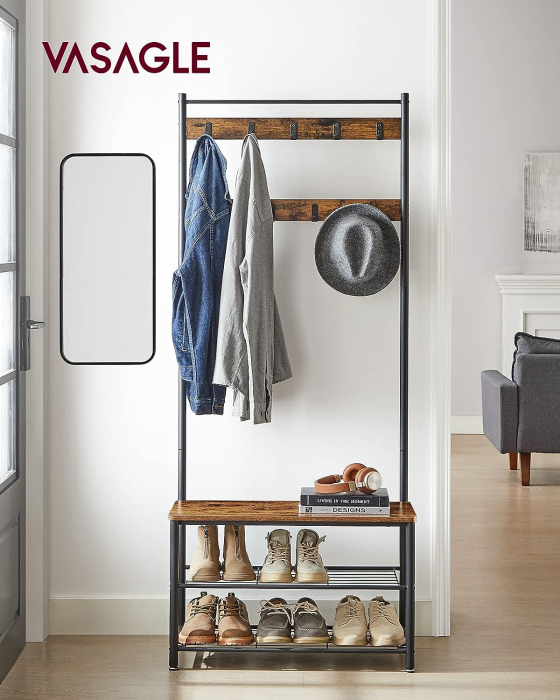 Cuier pentru haine cu banc de depozitare a pantofilor, cadru din otel, 32x70x177cm, industrial, maro rustic si negru [6]