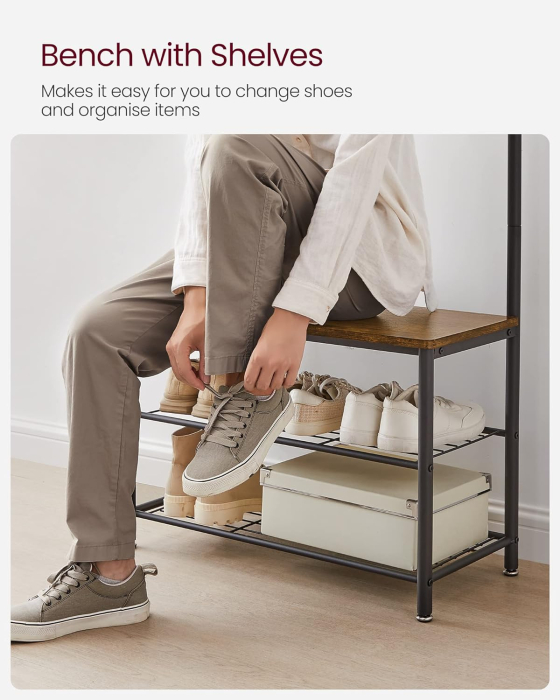 Cuier pentru haine cu banc de depozitare a pantofilor, cadru din otel, 32x70x177cm, industrial, maro rustic si negru [2]