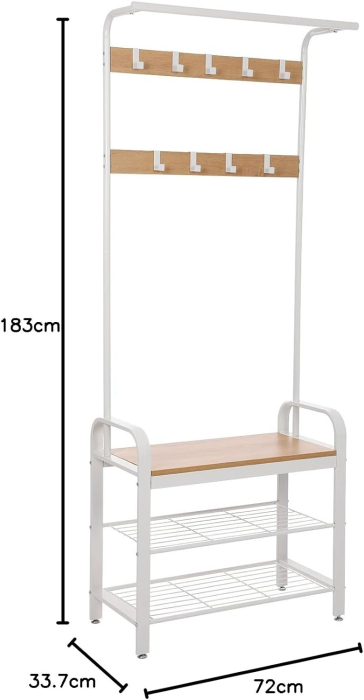 VASAGLE Cuier pentru haine cu banca de depozitare a pantofilor, cu 9 carlige detasabile, o sina pentru haine, 34x72x183 cm, modern, stejar si crem [7]