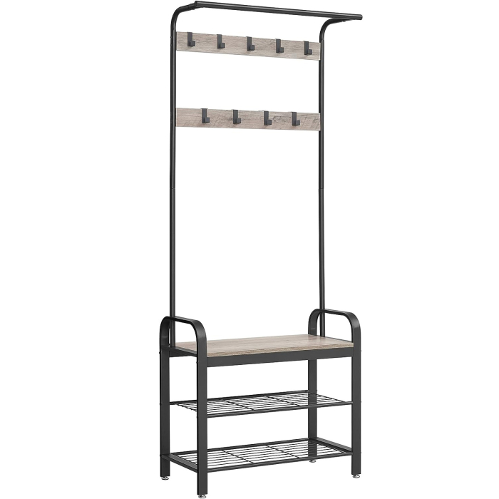 VASAGLE Cuier pentru haine cu banca de depozitare pantofi, cu 9 carlige si sina pentru haine, 34x72x183 cm, gri si negru [1]