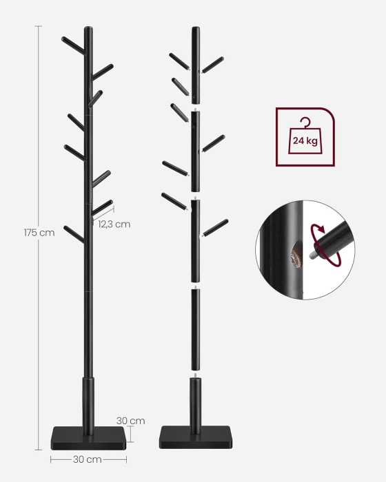 VASAGLE Cuier pentru haine, din lemn masiv, tip pom, cu 8 carlige, baza patrata, 175cm, negru [6]
