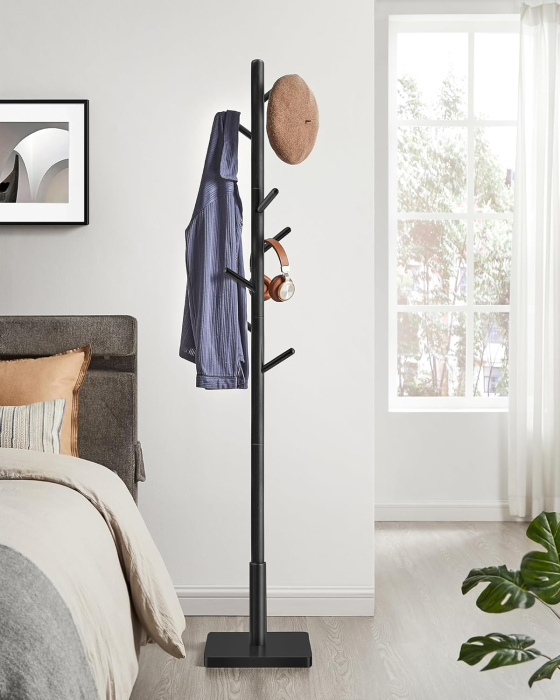 VASAGLE Cuier pentru haine, din lemn masiv, tip pom, cu 8 carlige, baza patrata, 175cm, negru [3]