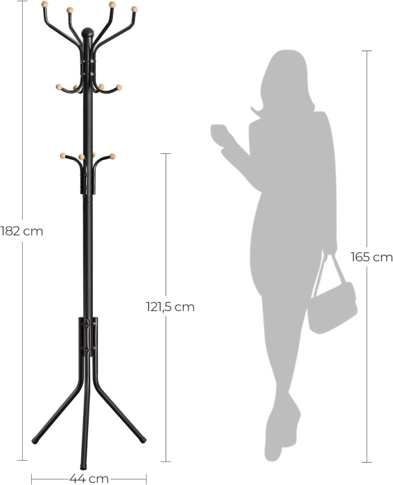 Cuier pentru haine, din otel, tip pom, cu 12 carlige, 182cm, negru [4]
