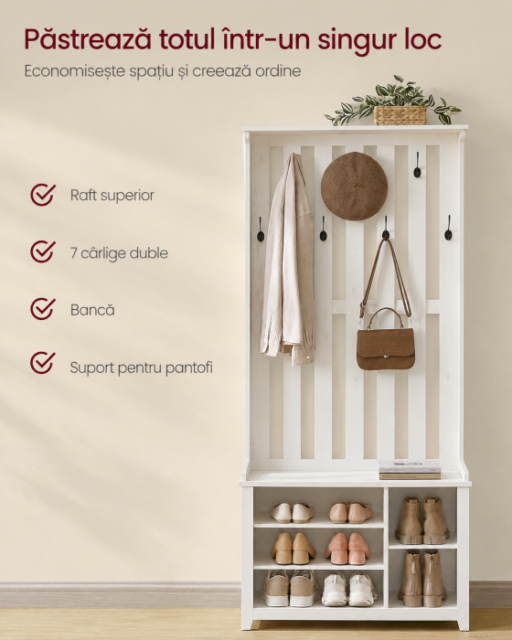 Cuier pentru hol cu banca, raft pantofi si 7 carlige duble, 81x35x180 cm, alb rustic [7]