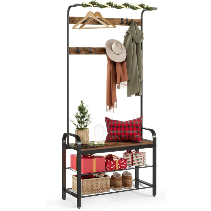 Cuier pentru hol cu banca si suport pantofi, stil industrial, 84x34x183 cm, maro rustic [10]