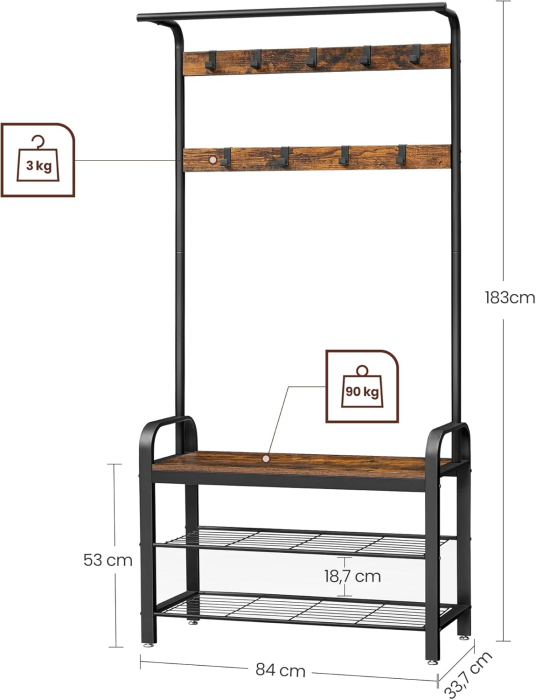 Cuier pentru hol cu banca si suport pantofi, stil industrial, 84x34x183 cm, maro rustic [8]