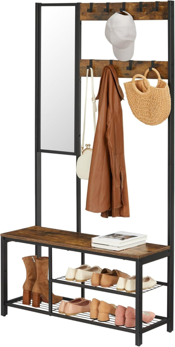 Cuier pentru hol cu oglinda si 9 carlige detasabile, structura metalica, stil industrial, 98x36x185 cm, maro rustic [4]