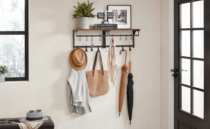 Cuier perete cu 8 carlige si polita, 40x24x24 cm, maro rustic si negru [3]