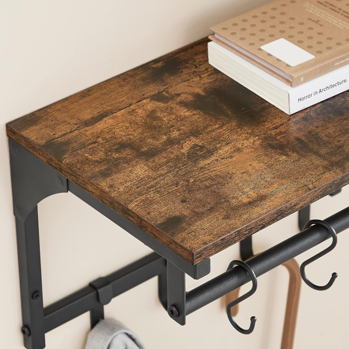 Cuier perete cu 8 carlige si polita, 40x24x24 cm, maro rustic si negru [9]