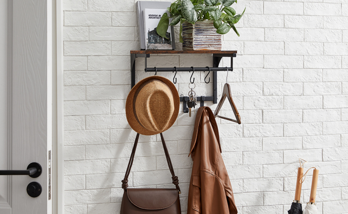 Cuier perete cu 8 carlige si polita, 40x24x24 cm, maro rustic si negru [2]