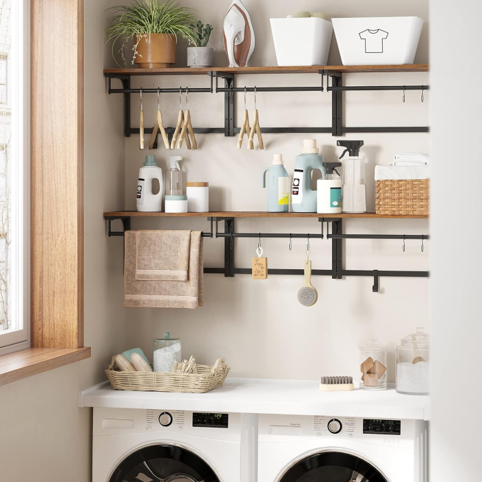 Cuier perete cu 8 carlige si polita, 40x24x24 cm, maro rustic si negru [4]