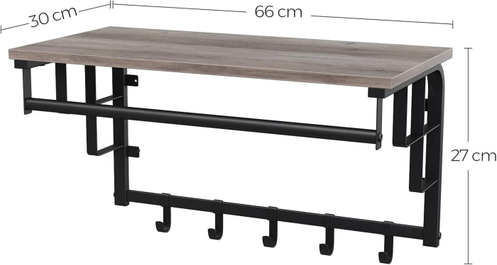 VASAGLE Cuier perete cu polita, bara si 5 carlige, 66x27x30 cm, gri [3]